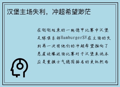 汉堡主场失利，冲超希望渺茫