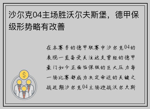 沙尔克04主场胜沃尔夫斯堡，德甲保级形势略有改善