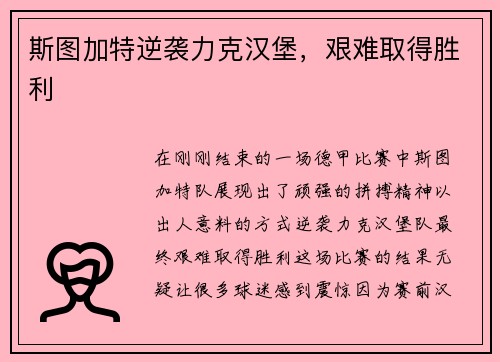 斯图加特逆袭力克汉堡，艰难取得胜利