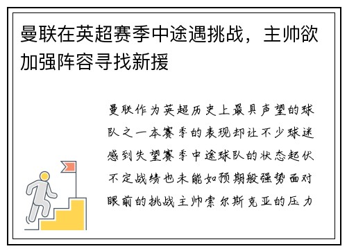 曼联在英超赛季中途遇挑战，主帅欲加强阵容寻找新援