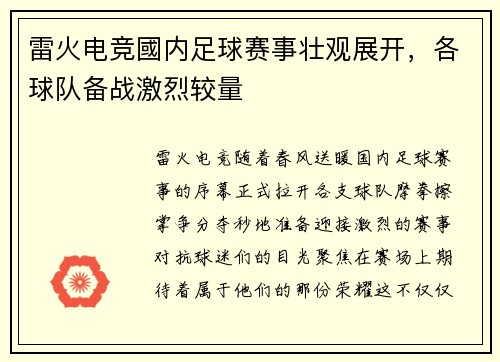 雷火电竞國内足球赛事壮观展开，各球队备战激烈较量